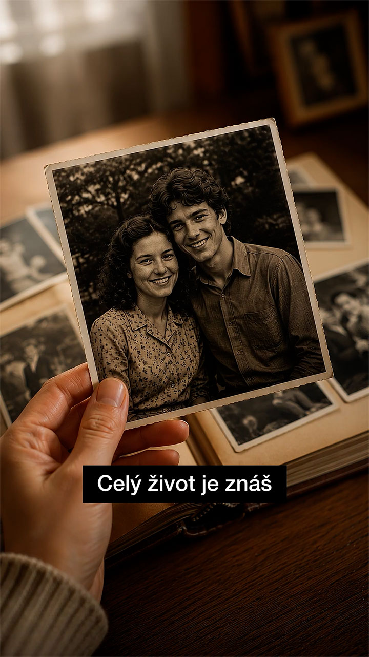 Rodinná fotografie v ruce nad albem vzpomínek